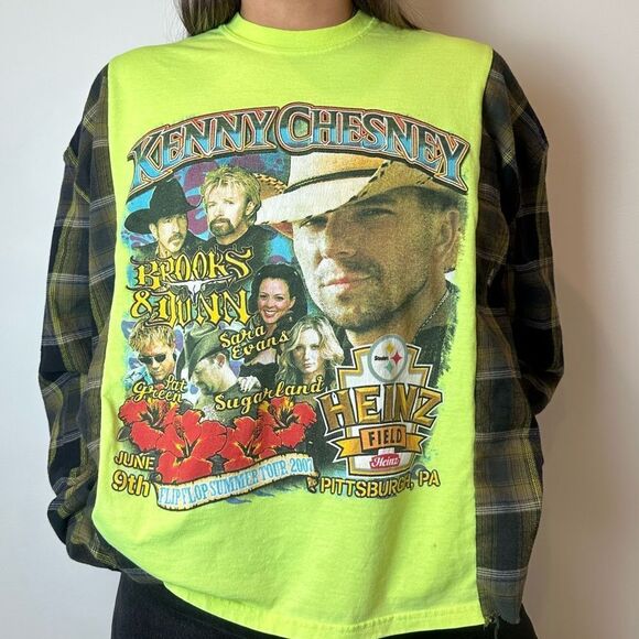 Reworked Music Band Tee Kenny Chesney Long Sleeve Flannel Brooks & Dunn Shirt - Picture 2 of 4
